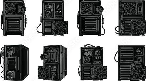 Computer power supply silhouette set, cooling fan units, PSU connectors, electronic hardware, tech gear, flat vector