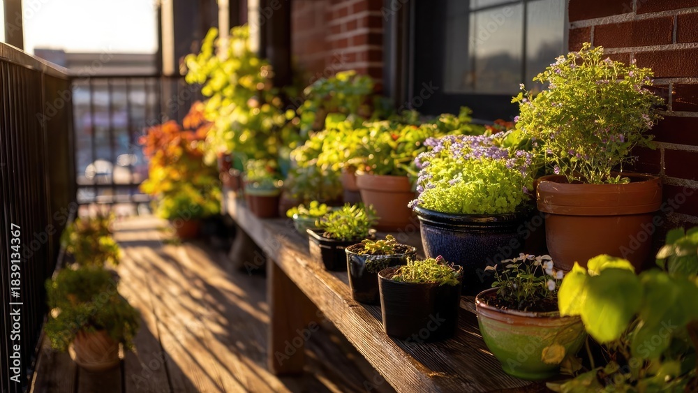 Naklejka premium Sunlit balcony lined with potted plants on a wooden railing, brick wall beside, city skyline in the distance. Concept Sunlit Balcony, Potted Plants, Wooden Railing, Brick Wall, City Skyline