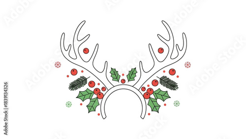 Christmas Reindeer Antlers Headband Holly Berry Outline Vector
