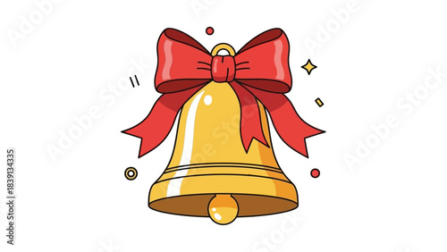 Golden Christmas Jingle Bell with Red Ribbon Bow Vector