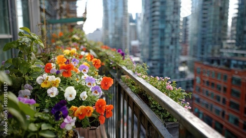 Wallpaper Mural Colorful flowers in pots along a balcony railing overlooking a city with tall glass skyscrapers. Concept Colorful flowers in pots on a balcony, Balcony railing framing a city skyline Torontodigital.ca
