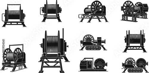 Industrial winch silhouette set, hoisting machines, heavy lifting gear, construction equipment, mechanical tools, flat vector