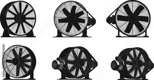 Industrial axial fans side view, ventilation equipment, HVAC motor units, air movement system, flat vector