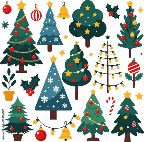Isolated a kinds of deferent realistic decorated christmas tree vector art with white background..