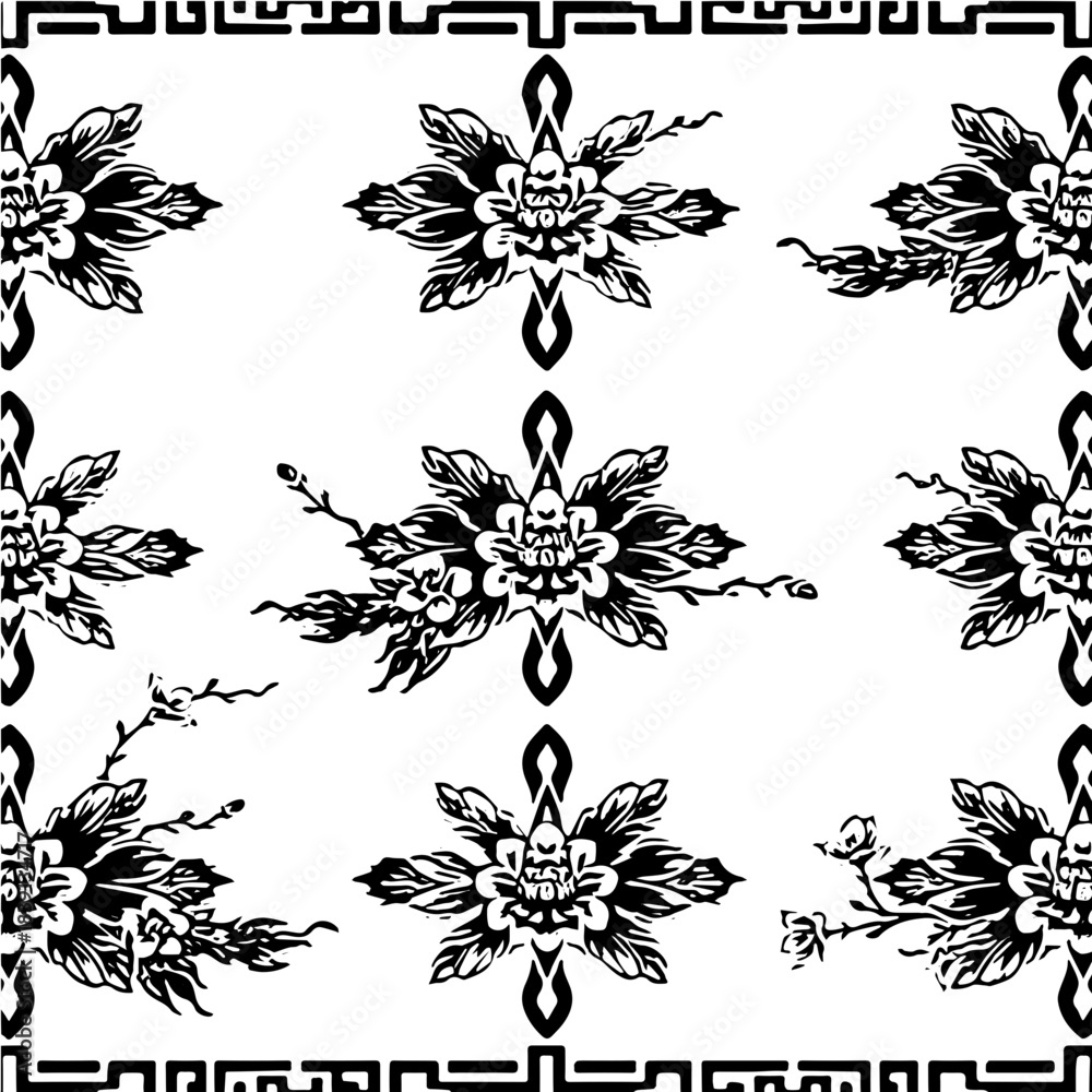 Fototapeta premium Seamless Chinese Pattern Black and White Vector SVG