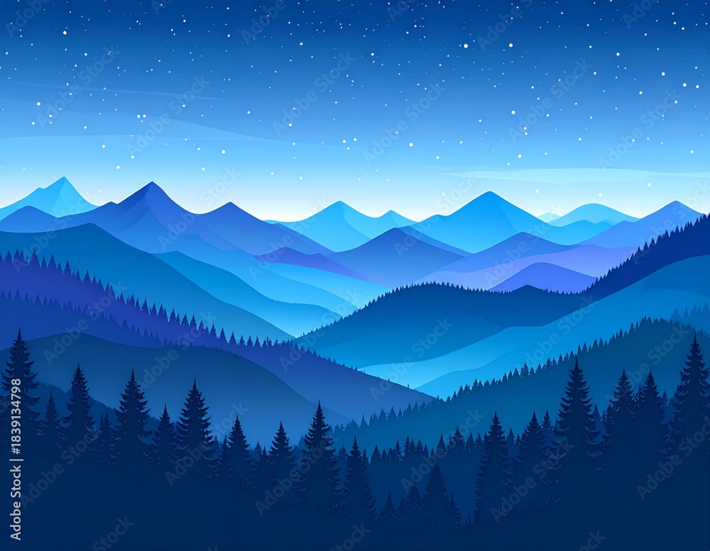Obraz premium Stunning Blue Mountain Landscape with Forest and Starry Night Sky.
