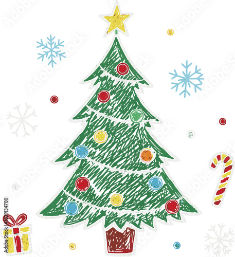 Isolated a Whimsical chalk doodles of Christmas tree. Quirky greeting card in crayon style. Charcoal drawing for menus and invitations. La dolce vita vector art with white background.