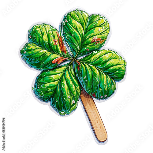 Colorful four-leaf clover on a stick held against a white background in a simple art style