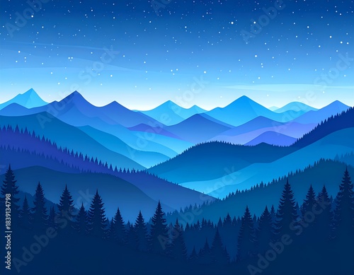 Stunning Blue Mountain Landscape with Forest and Starry Night Sky.