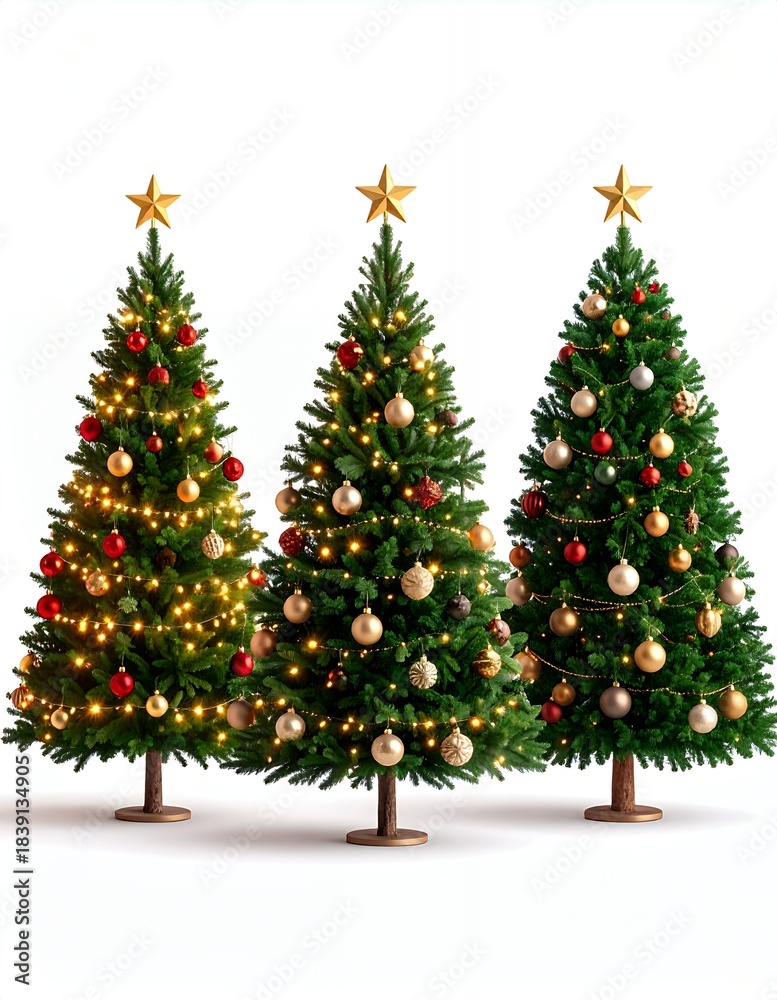 Fototapeta premium Three beautifully decorated Christmas trees with golden stars and festive ornaments, standing tall and bright against a clean white background, ready for holiday celebrations.