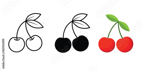 Three styles of cherries outline silhouette and realistic