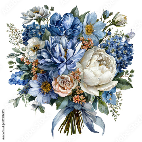 Beautiful bouquet of flowers in shades of blue and white with various types and sizes placed against a plain background