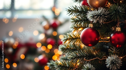 An ultra-realistic close-up of a decorated Christmas tree, adorned with ornaments and twinkling lights, conveying a joyful Merry Christmas atmosphere