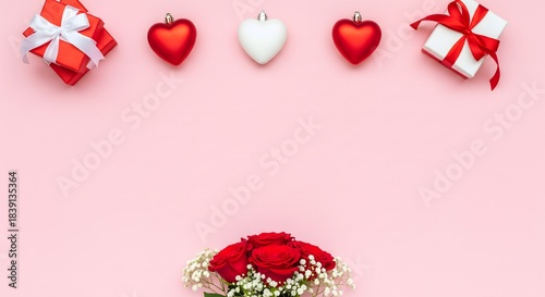 valentine background with gift boxes and heart ornaments on pink surface. simple flat lay with rose bouquet. clean empty center for text. valentines day greeting card template. minimal love theme 