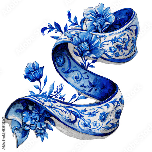 Blue ribbon with floral design and delicate patterns in watercolor style on a white background for art and craft projects