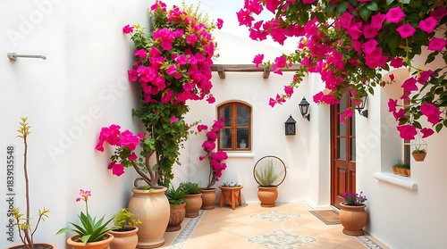 An ultra-realistic portrayal of a Mediterranean-style patio, characterized by white stucco walls, vibrant bougainvillea, and mosaic tile accents, showcasing a bright and cheerful ambiance