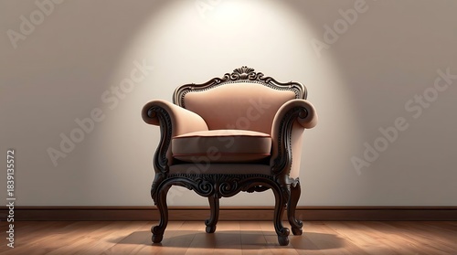 Photorealistic rendering of an ornate antique armchair with velvet upholstery and carved wooden legs, illuminated by a single directional spotlight to highlight its detailed craftsmanship.