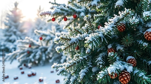 An ultra-realistic, naturalistic Christmas background with frost-covered evergreen boughs, scattered pinecones, and subtle sunlight filtering through a winter sky