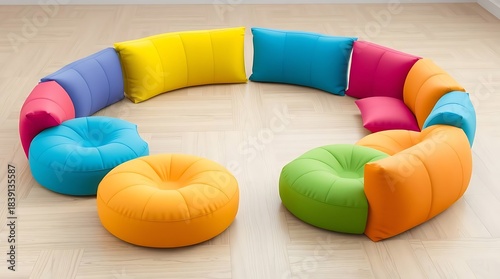 Ultra-realistic 3D model of a child's colorful, cushioned floor seating arrangement, featuring bright primary colors and soft, rounded edges, arranged playfully on a light wooden floor
