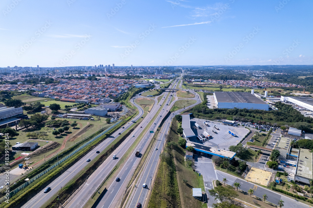 Fototapeta premium Aerial view of the city of Indaiatuba, São Paulo, Brazil. Santos Dumont Highway.