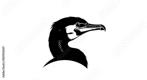 Cormorant Head Profile - Detailed Black and White Illustration.