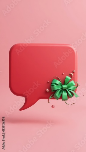 Pink speech bubble with glowing gift icon and green ribbon on pink background