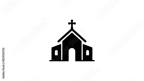 Church Silhouette Icon: Black Frontal View with Cross, Arched Doorway, and Windows for Religious UI and Worship-Themed Visual Storytelling