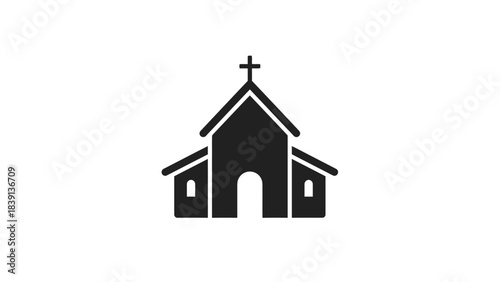 Church Silhouette Icon: Black Frontal View with Cross, Arched Doorway, and Windows for Religious UI and Worship-Themed Visual Storytelling