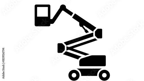 Boom Lift Silhouette Icon: Black Aerial Work Platform with Articulated Arm and Bucket for Construction UI and Elevated Access Visual Storytelling
