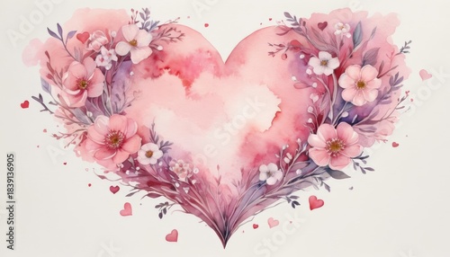 A creative abstract concept featuring a illustration of a colorful love heart made of fresh spring flowers against a watercolor pastel minimal background