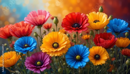 Beautiful Field of colorful poppies flower in a meadow in spring, panoramic view.