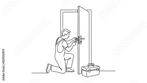 Locksmith Service Illustration: Line Drawing of Kneeling Worker Fixing Door Lock with Toolbox for Security UI and Maintenance-Themed Visual Storytelling