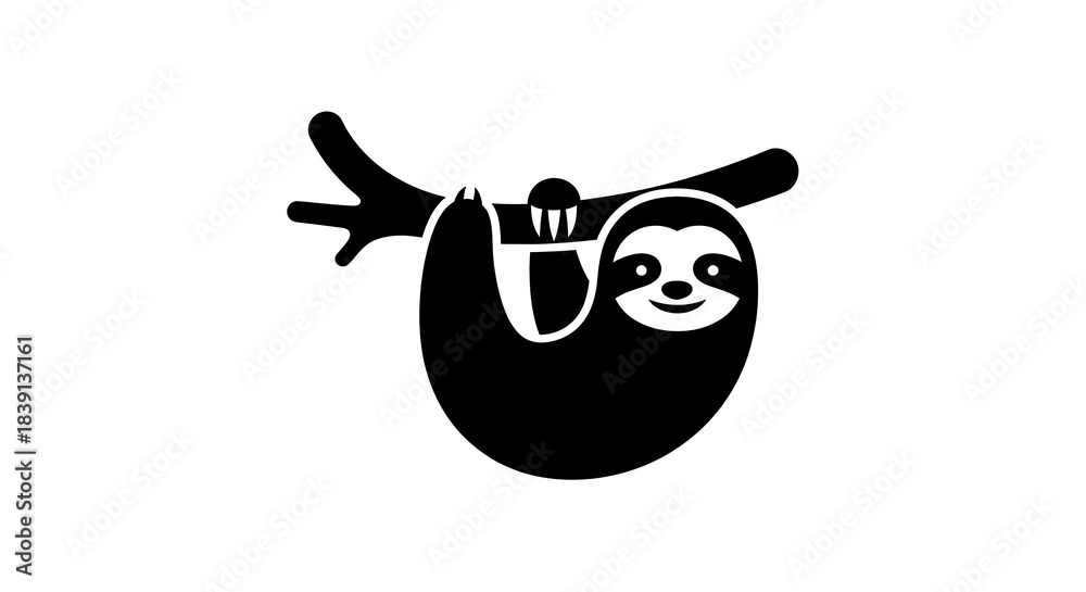 Naklejka premium Cute smiling sloth hanging on a tree branch vector icon.