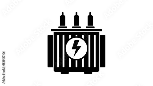 Electrical Transformer Icon: Black and White Silhouette with Terminals, Cooling Fins, and Lightning Symbol for Power Distribution UI and Energy Systems Visual Storytelling