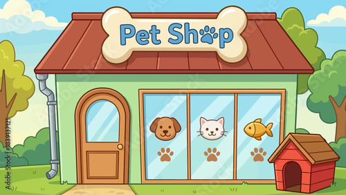 Pet Shop Cartoon Illustration: Red Roof Building with Bone Sign, Animal Windows, and Doghouse for Animal Care UI and Pet-Themed Visual Storytelling