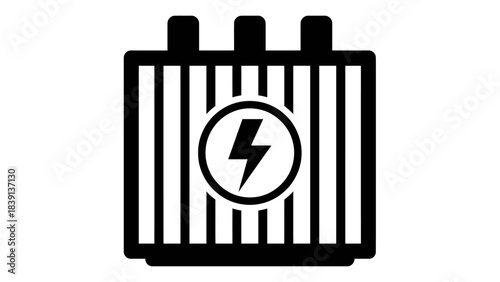 Electrical Transformer Icon: Black and White Silhouette with Terminals, Cooling Fins, and Lightning Symbol for Power Distribution UI and Energy Systems Visual Storytelling