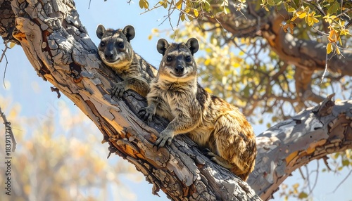 Two rock hyraxes perched on a sun-drenched tree branch, gazing forward, against a blurred sky and foliage background