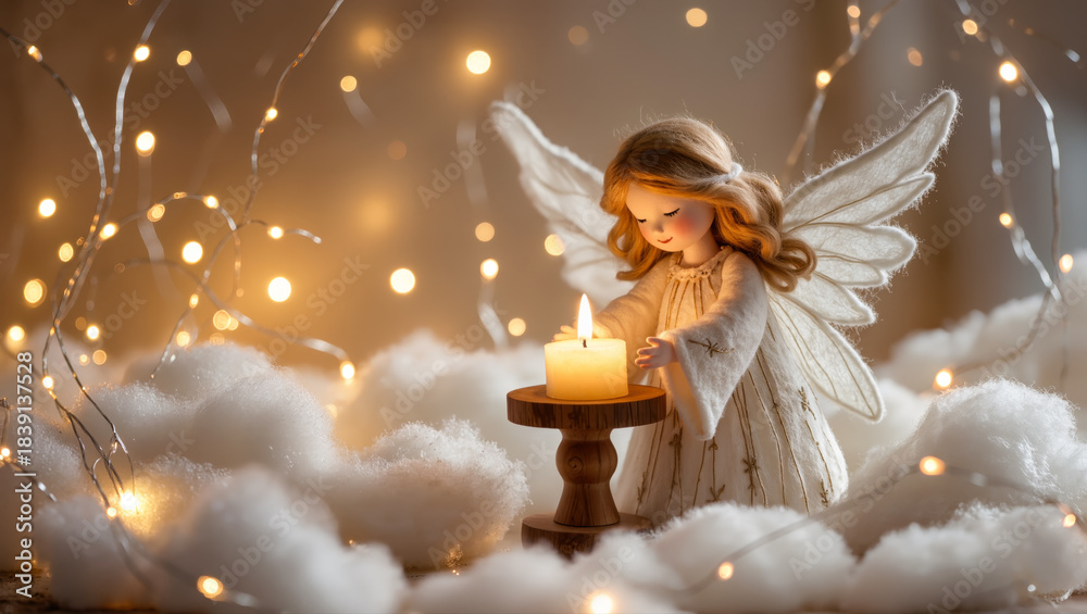 Naklejka premium Christmas felt angel doll with wings lighting a candle, surrounded by soft clouds and glowing lights. Peaceful handmade holiday decoration.