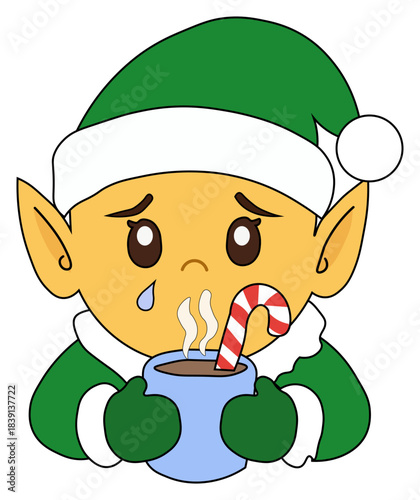 Elf emotions: a sad little Christmas elf crying while holding a mug of hot chocolate with a candy cane