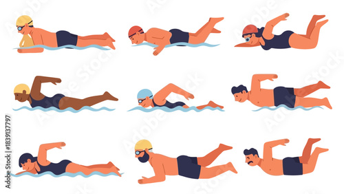 Diverse Group of Swimmers Performing Various Strokes and Poses in Water Illustration for Sports Fitness and Leisure