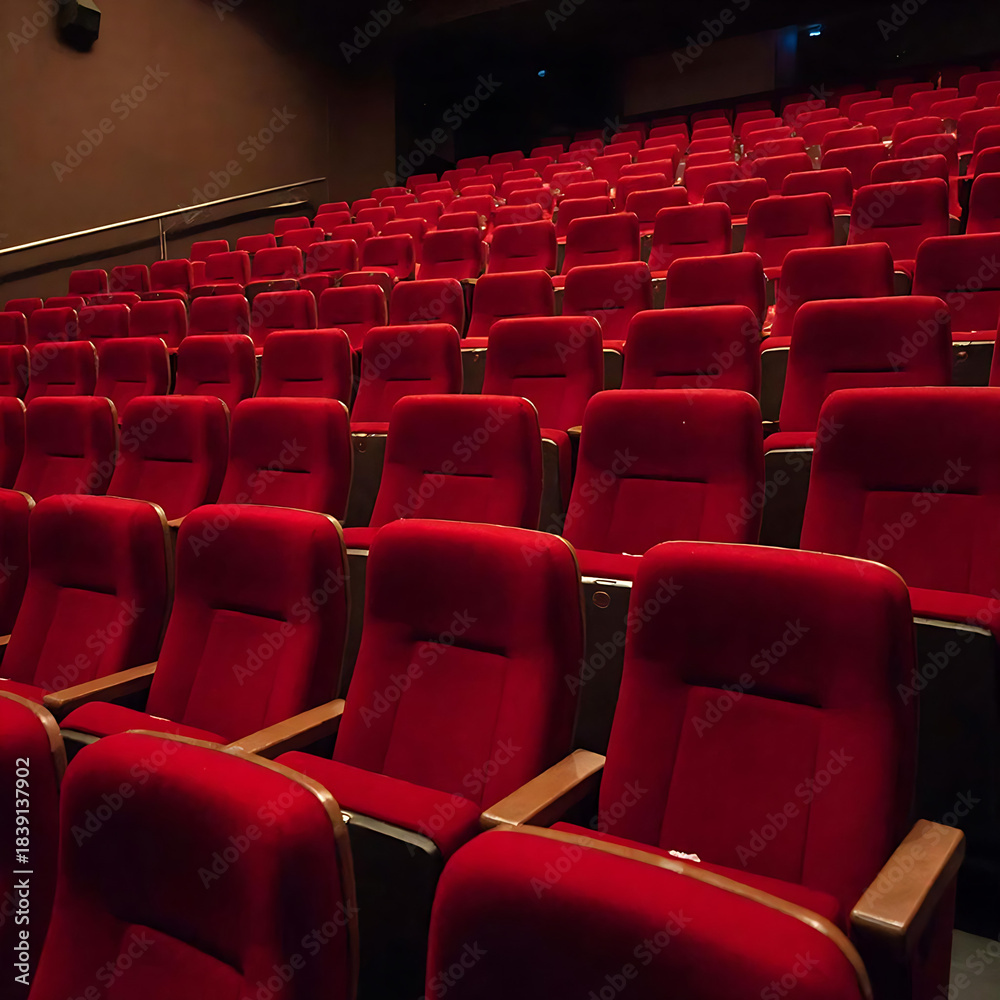 Obraz premium wide-angle shot of an empty movie theater with red seats, soft dim lighting, calm cinematic mood, no people.Empty Movie Theater Seats. Cinematic Empty Auditorium. Silent Cinema Hall.