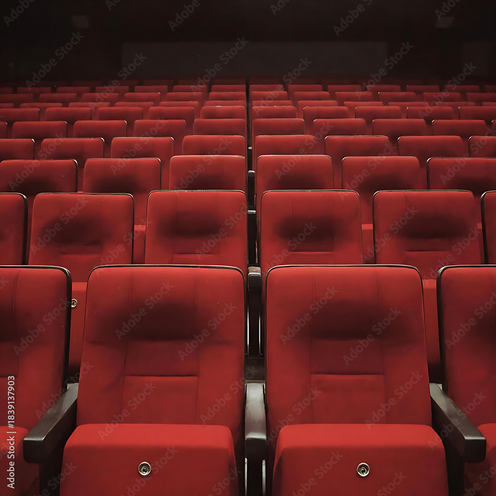 Fototapeta premium wide-angle shot of an empty movie theater with red seats, soft dim lighting, calm cinematic mood, no people.Empty Movie Theater Seats. Cinematic Empty Auditorium. Silent Cinema Hall.