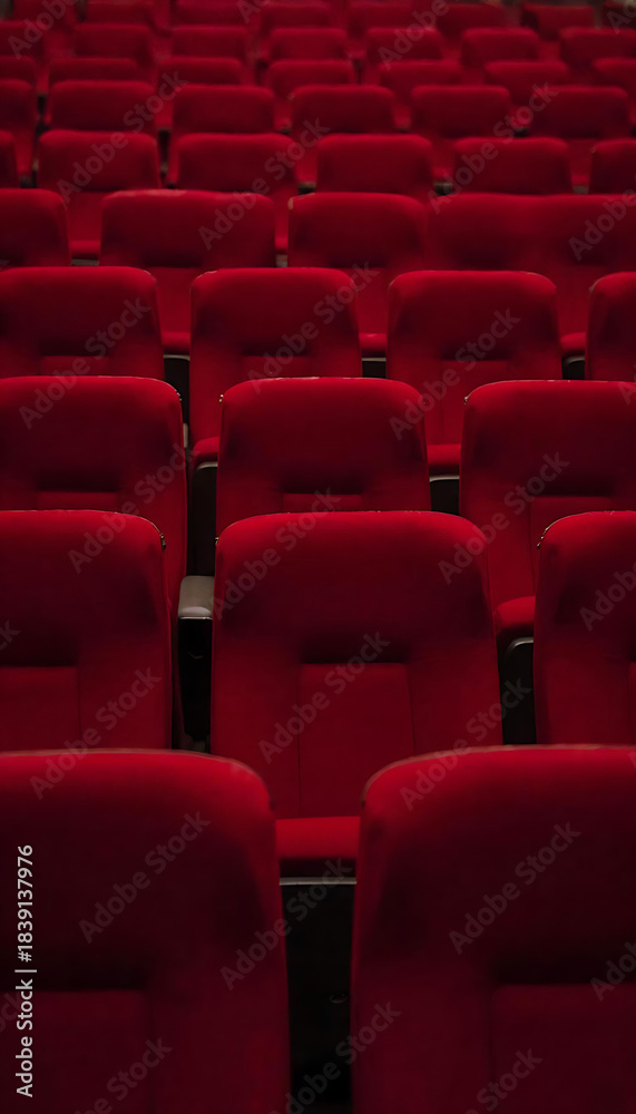 Fototapeta premium wide-angle shot of an empty movie theater with red seats, soft dim lighting, calm cinematic mood, no people.Empty Movie Theater Seats. Cinematic Empty Auditorium. Silent Cinema Hall.