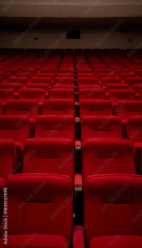 Fototapeta premium wide-angle shot of an empty movie theater with red seats, soft dim lighting, calm cinematic mood, no people.Empty Movie Theater Seats. Cinematic Empty Auditorium. Silent Cinema Hall.
