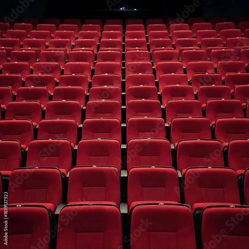 wide-angle shot of an empty movie theater with red seats, soft dim lighting, calm cinematic mood, no people.Empty Movie Theater Seats. Cinematic Empty Auditorium. Silent Cinema Hall.