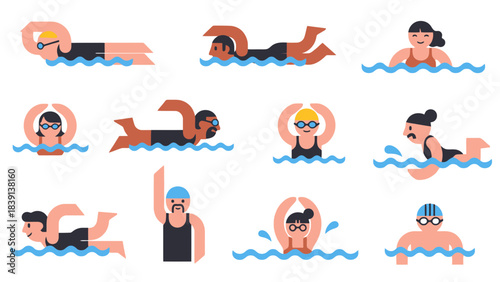 Diverse Group of Swimmers in Flat Design Style Performing Various Strokes in Blue Water