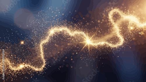 Ethereal Sparkle Trail: A luminous, golden trail of sparkling particles meanders through a dark space. it evokes a sense of wonder, mystery and cosmic energy.