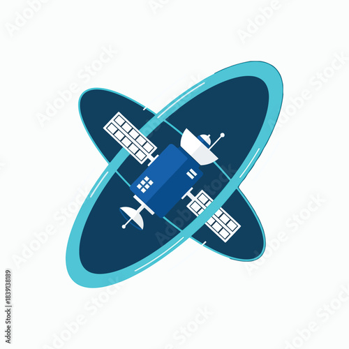 Modern satellite orbiting earth with glowing rings isolated on white background