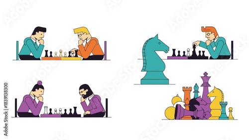 Diverse Characters Play Chess in Strategic Competition Illustrating Brainstorming Decision Making