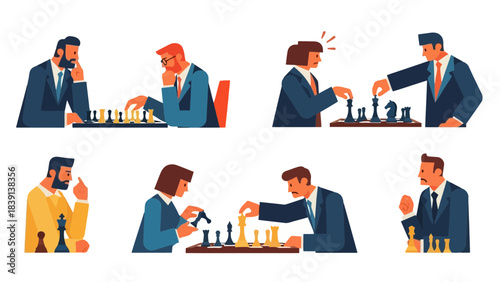 Business Professionals Playing Chess Strategically Illustrating Competition Business Tactics and Decision Making Vector Art Set